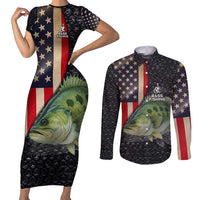 Custom Largemouth Bass Fishing Couples Matching Short Sleeve Bodycon Dress and Long Sleeve Button Shirt American Flag and Bubble Texture Background - Wonder Print Shop
