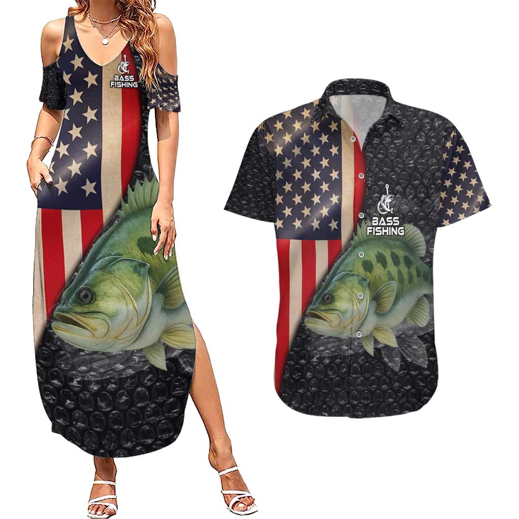 Custom Largemouth Bass Fishing Couples Matching Summer Maxi Dress and Hawaiian Shirt American Flag and Bubble Texture Background - Wonder Print Shop