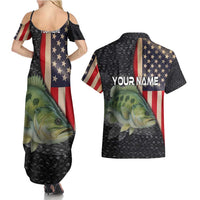 Custom Largemouth Bass Fishing Couples Matching Summer Maxi Dress and Hawaiian Shirt American Flag and Bubble Texture Background - Wonder Print Shop