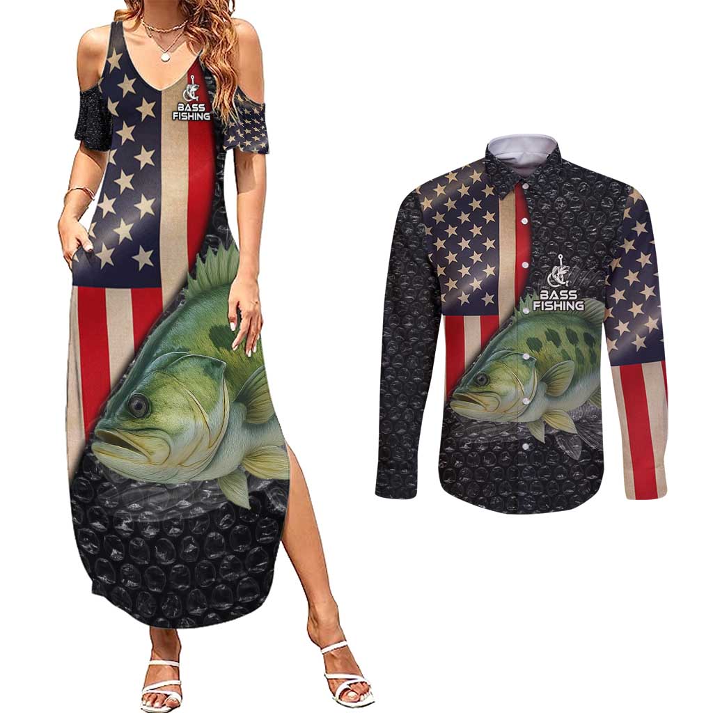 Custom Largemouth Bass Fishing Couples Matching Summer Maxi Dress and Long Sleeve Button Shirt American Flag and Bubble Texture Background - Wonder Print Shop