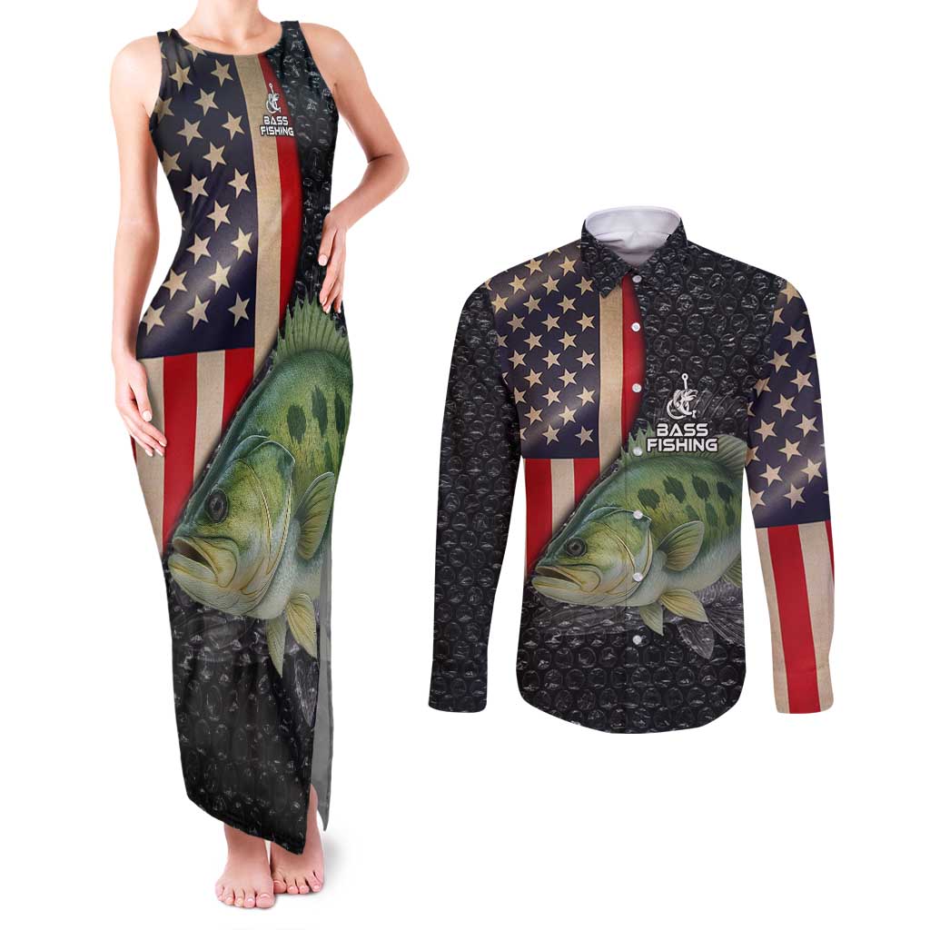 Custom Largemouth Bass Fishing Couples Matching Tank Maxi Dress and Long Sleeve Button Shirt American Flag and Bubble Texture Background - Wonder Print Shop