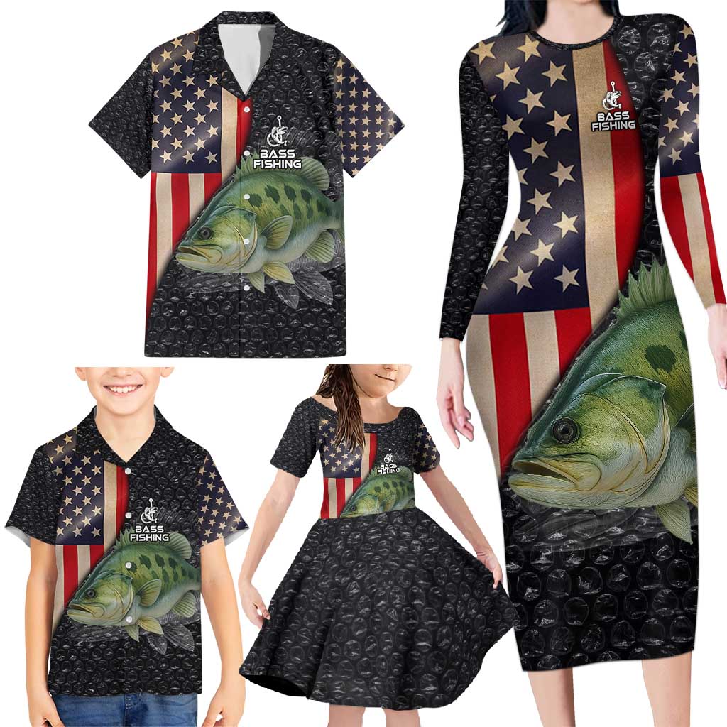 Custom Largemouth Bass Fishing Family Matching Long Sleeve Bodycon Dress and Hawaiian Shirt American Flag and Bubble Texture Background - Wonder Print Shop