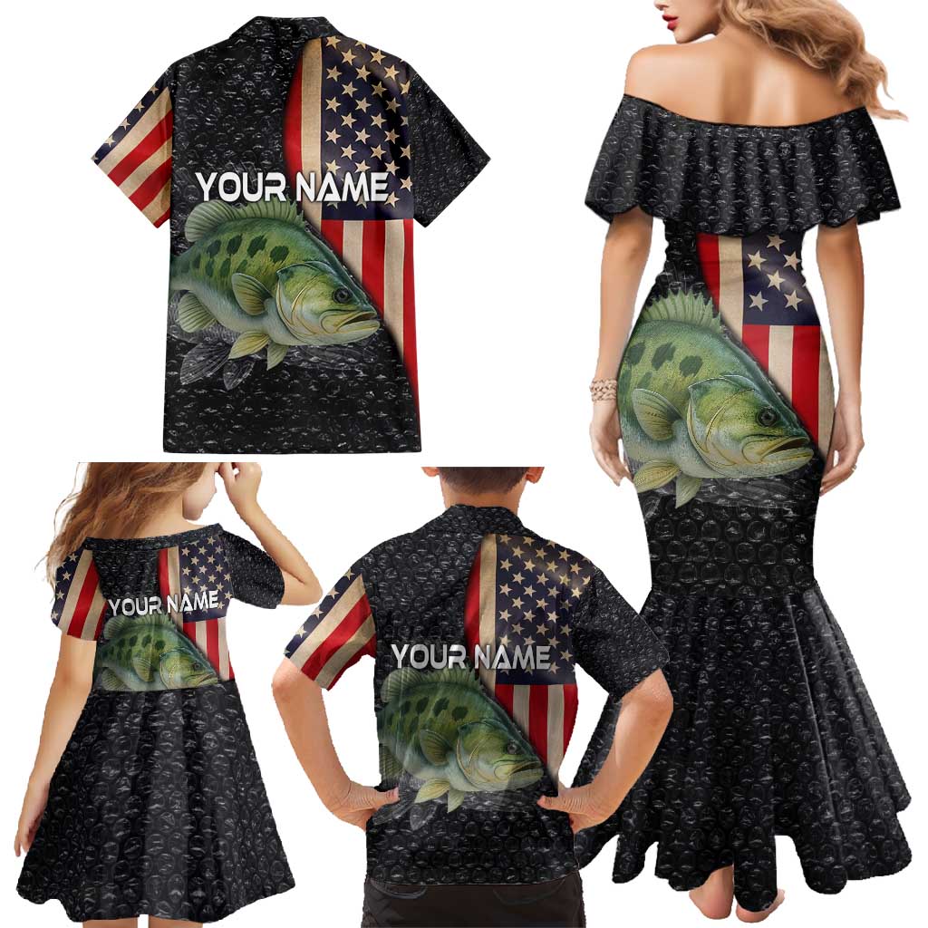 Custom Largemouth Bass Fishing Family Matching Mermaid Dress and Hawaiian Shirt American Flag and Bubble Texture Background - Wonder Print Shop