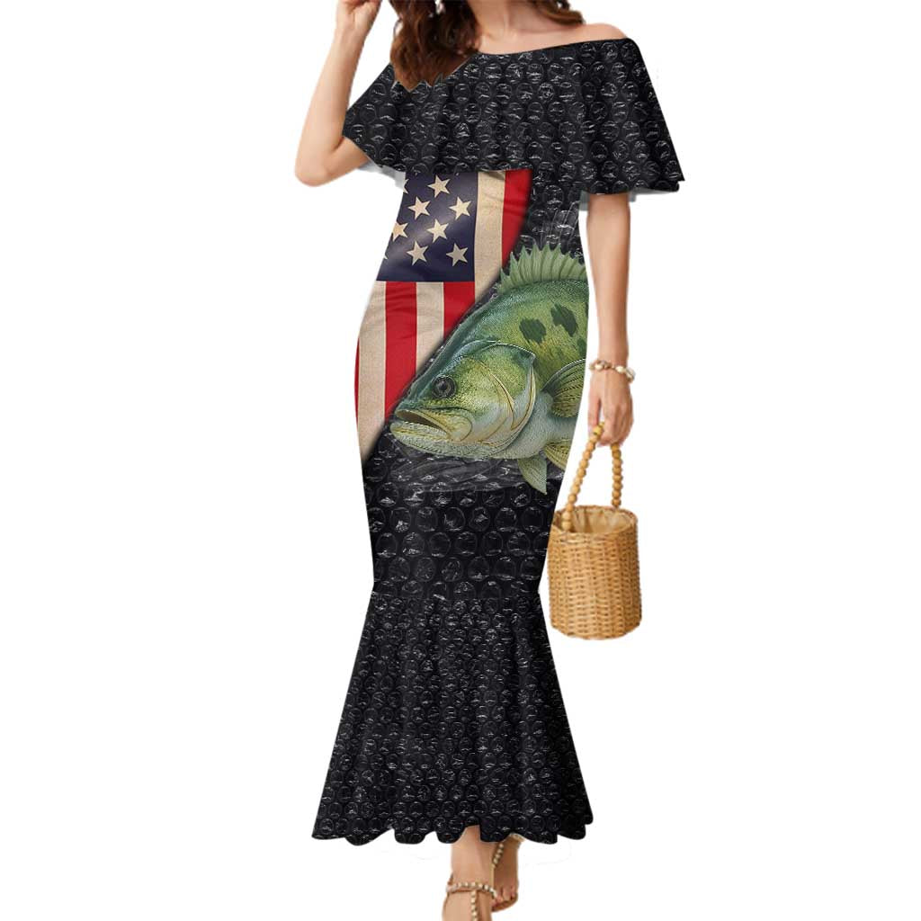 Custom Largemouth Bass Fishing Family Matching Mermaid Dress and Hawaiian Shirt American Flag and Bubble Texture Background - Wonder Print Shop