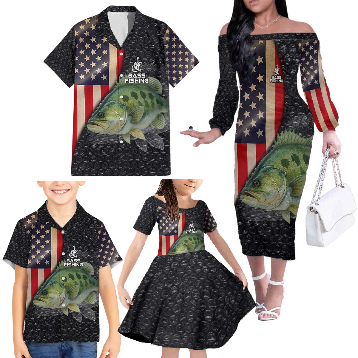 Custom Largemouth Bass Fishing Family Matching Off The Shoulder Long Sleeve Dress and Hawaiian Shirt American Flag and Bubble Texture Background - Wonder Print Shop