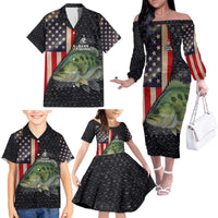 Custom Largemouth Bass Fishing Family Matching Off The Shoulder Long Sleeve Dress and Hawaiian Shirt American Flag and Bubble Texture Background - Wonder Print Shop