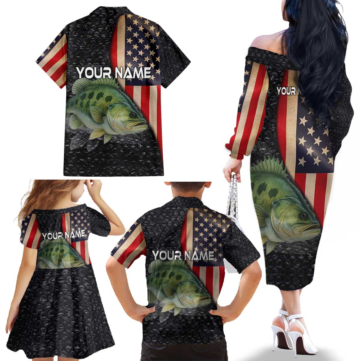Custom Largemouth Bass Fishing Family Matching Off The Shoulder Long Sleeve Dress and Hawaiian Shirt American Flag and Bubble Texture Background - Wonder Print Shop