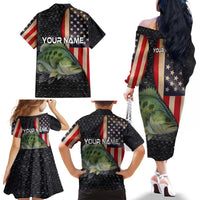 Custom Largemouth Bass Fishing Family Matching Off The Shoulder Long Sleeve Dress and Hawaiian Shirt American Flag and Bubble Texture Background - Wonder Print Shop