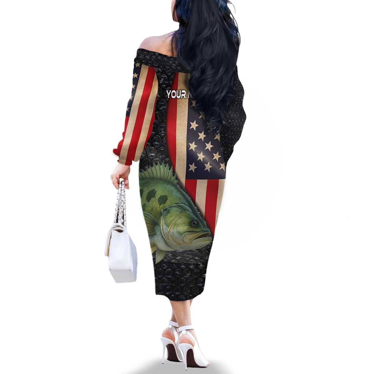 Custom Largemouth Bass Fishing Family Matching Off The Shoulder Long Sleeve Dress and Hawaiian Shirt American Flag and Bubble Texture Background - Wonder Print Shop
