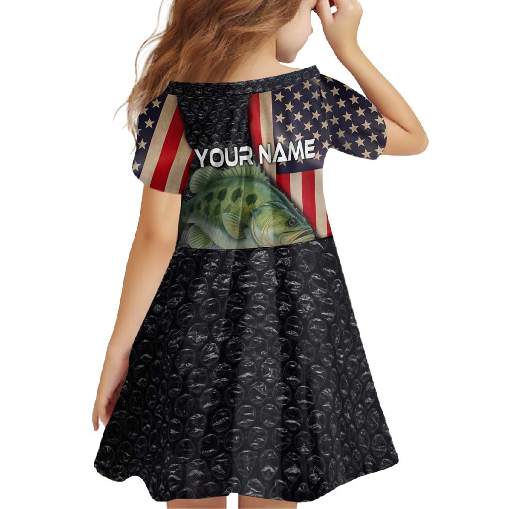 Custom Largemouth Bass Fishing Family Matching Off Shoulder Maxi Dress and Hawaiian Shirt American Flag and Bubble Texture Background - Wonder Print Shop