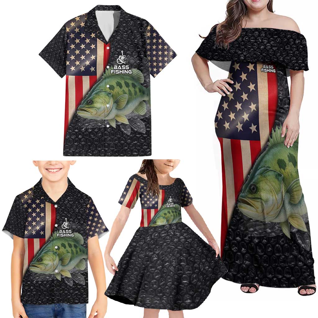 Custom Largemouth Bass Fishing Family Matching Off Shoulder Maxi Dress and Hawaiian Shirt American Flag and Bubble Texture Background - Wonder Print Shop