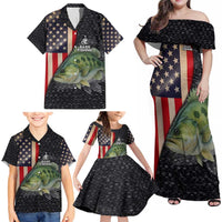 Custom Largemouth Bass Fishing Family Matching Off Shoulder Maxi Dress and Hawaiian Shirt American Flag and Bubble Texture Background - Wonder Print Shop