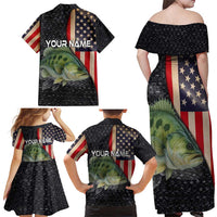 Custom Largemouth Bass Fishing Family Matching Off Shoulder Maxi Dress and Hawaiian Shirt American Flag and Bubble Texture Background - Wonder Print Shop
