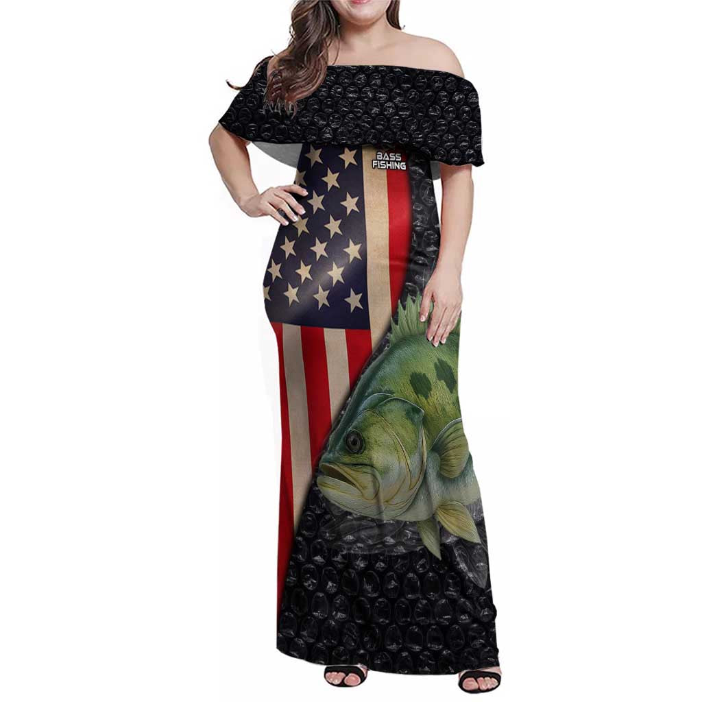 Custom Largemouth Bass Fishing Family Matching Off Shoulder Maxi Dress and Hawaiian Shirt American Flag and Bubble Texture Background - Wonder Print Shop