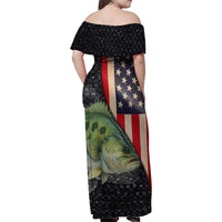 Custom Largemouth Bass Fishing Family Matching Off Shoulder Maxi Dress and Hawaiian Shirt American Flag and Bubble Texture Background - Wonder Print Shop