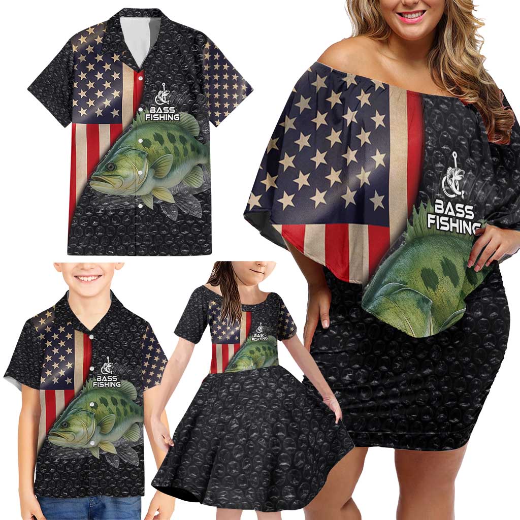 Custom Largemouth Bass Fishing Family Matching Off Shoulder Short Dress and Hawaiian Shirt American Flag and Bubble Texture Background - Wonder Print Shop
