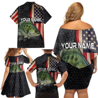 Custom Largemouth Bass Fishing Family Matching Off Shoulder Short Dress and Hawaiian Shirt American Flag and Bubble Texture Background - Wonder Print Shop