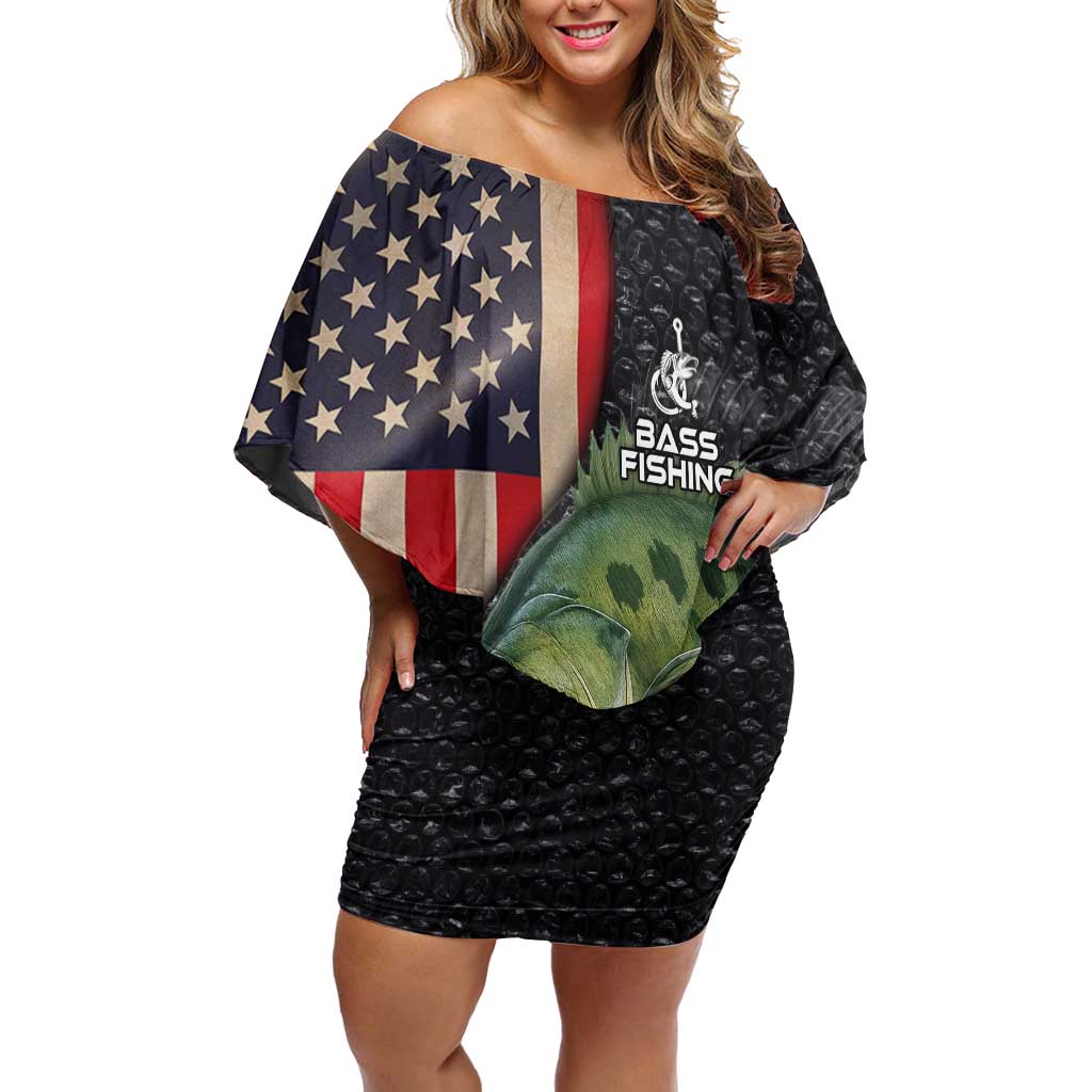 Custom Largemouth Bass Fishing Family Matching Off Shoulder Short Dress and Hawaiian Shirt American Flag and Bubble Texture Background - Wonder Print Shop