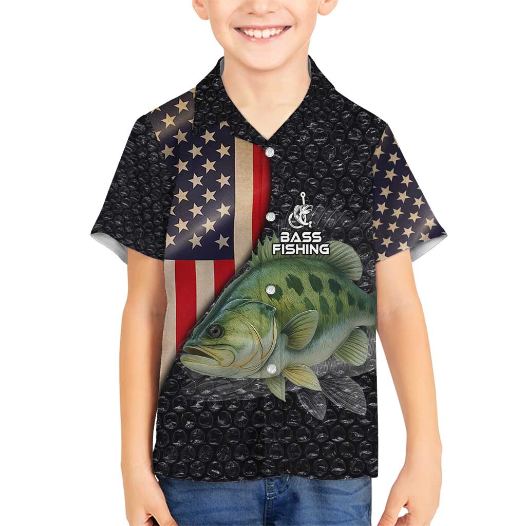 Custom Largemouth Bass Fishing Family Matching Off Shoulder Short Dress and Hawaiian Shirt American Flag and Bubble Texture Background - Wonder Print Shop