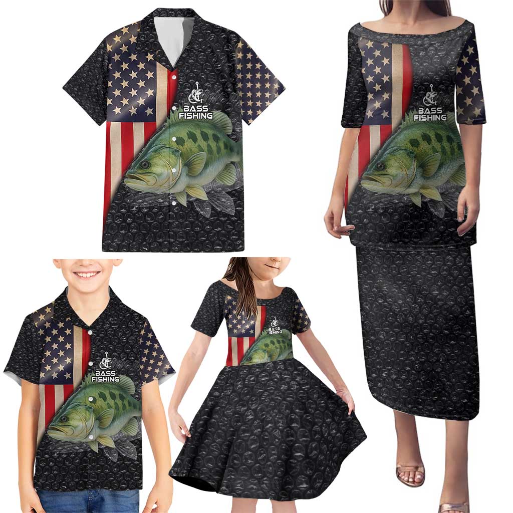 Custom Largemouth Bass Fishing Family Matching Puletasi and Hawaiian Shirt American Flag and Bubble Texture Background - Wonder Print Shop