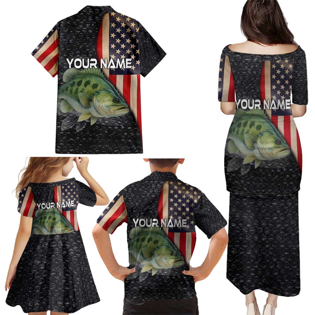 Custom Largemouth Bass Fishing Family Matching Puletasi and Hawaiian Shirt American Flag and Bubble Texture Background - Wonder Print Shop
