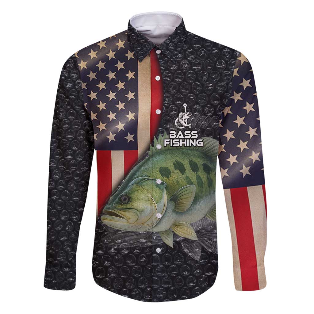 Custom Largemouth Bass Fishing Family Matching Puletasi and Hawaiian Shirt American Flag and Bubble Texture Background - Wonder Print Shop