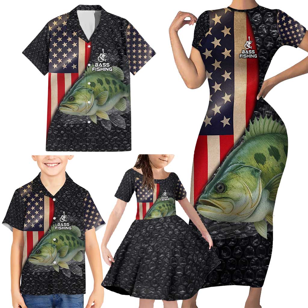 Custom Largemouth Bass Fishing Family Matching Short Sleeve Bodycon Dress and Hawaiian Shirt American Flag and Bubble Texture Background - Wonder Print Shop