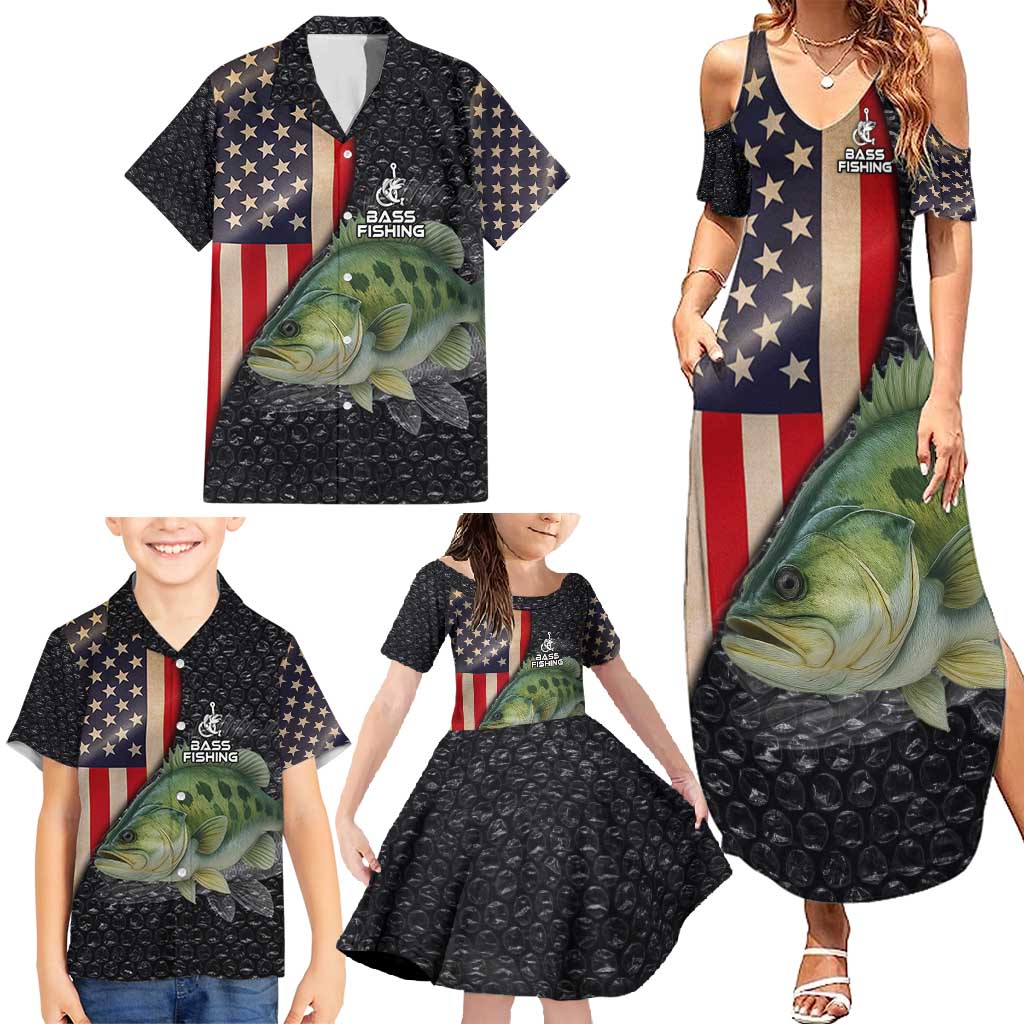 Custom Largemouth Bass Fishing Family Matching Summer Maxi Dress and Hawaiian Shirt American Flag and Bubble Texture Background - Wonder Print Shop