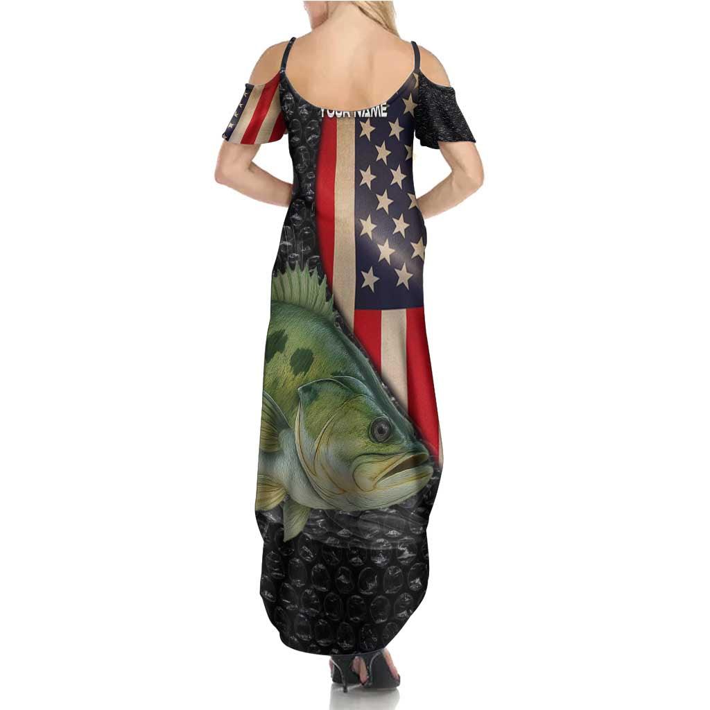 Custom Largemouth Bass Fishing Family Matching Summer Maxi Dress and Hawaiian Shirt American Flag and Bubble Texture Background - Wonder Print Shop