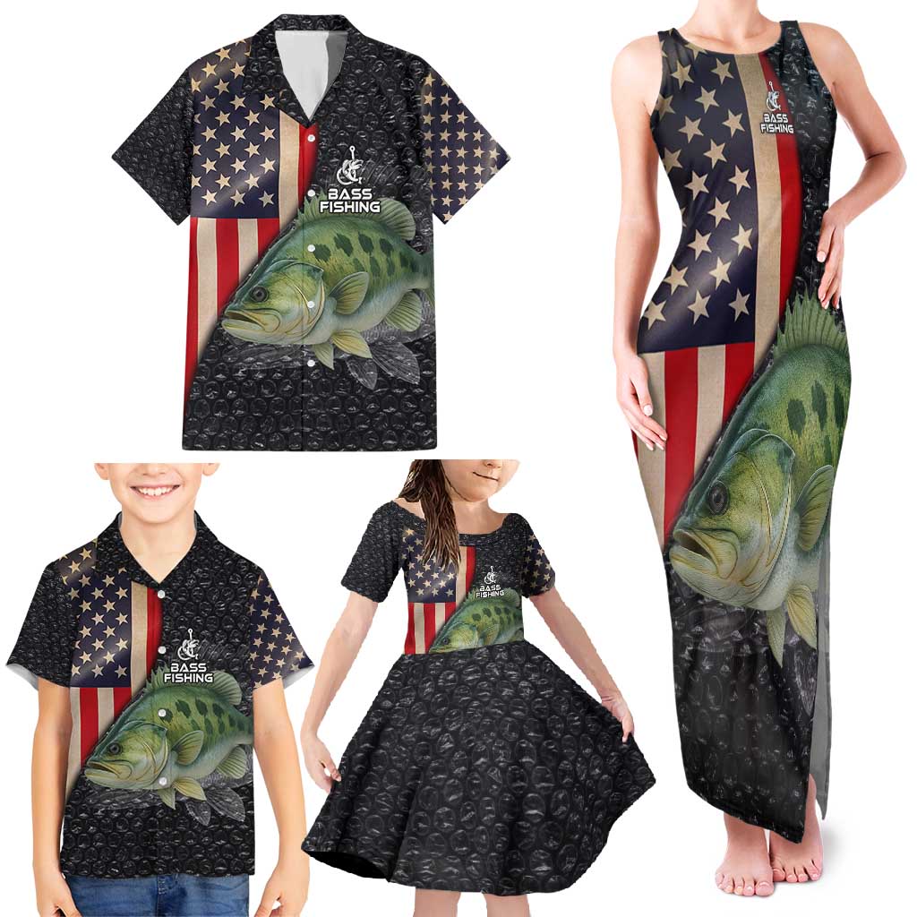 Custom Largemouth Bass Fishing Family Matching Tank Maxi Dress and Hawaiian Shirt American Flag and Bubble Texture Background - Wonder Print Shop