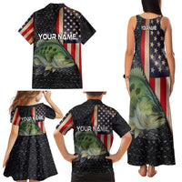 Custom Largemouth Bass Fishing Family Matching Tank Maxi Dress and Hawaiian Shirt American Flag and Bubble Texture Background - Wonder Print Shop