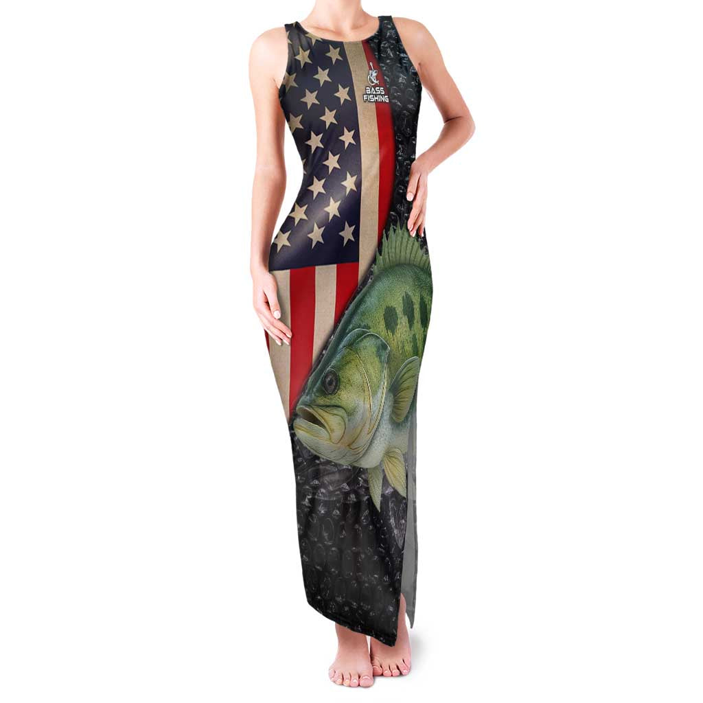 Custom Largemouth Bass Fishing Family Matching Tank Maxi Dress and Hawaiian Shirt American Flag and Bubble Texture Background - Wonder Print Shop