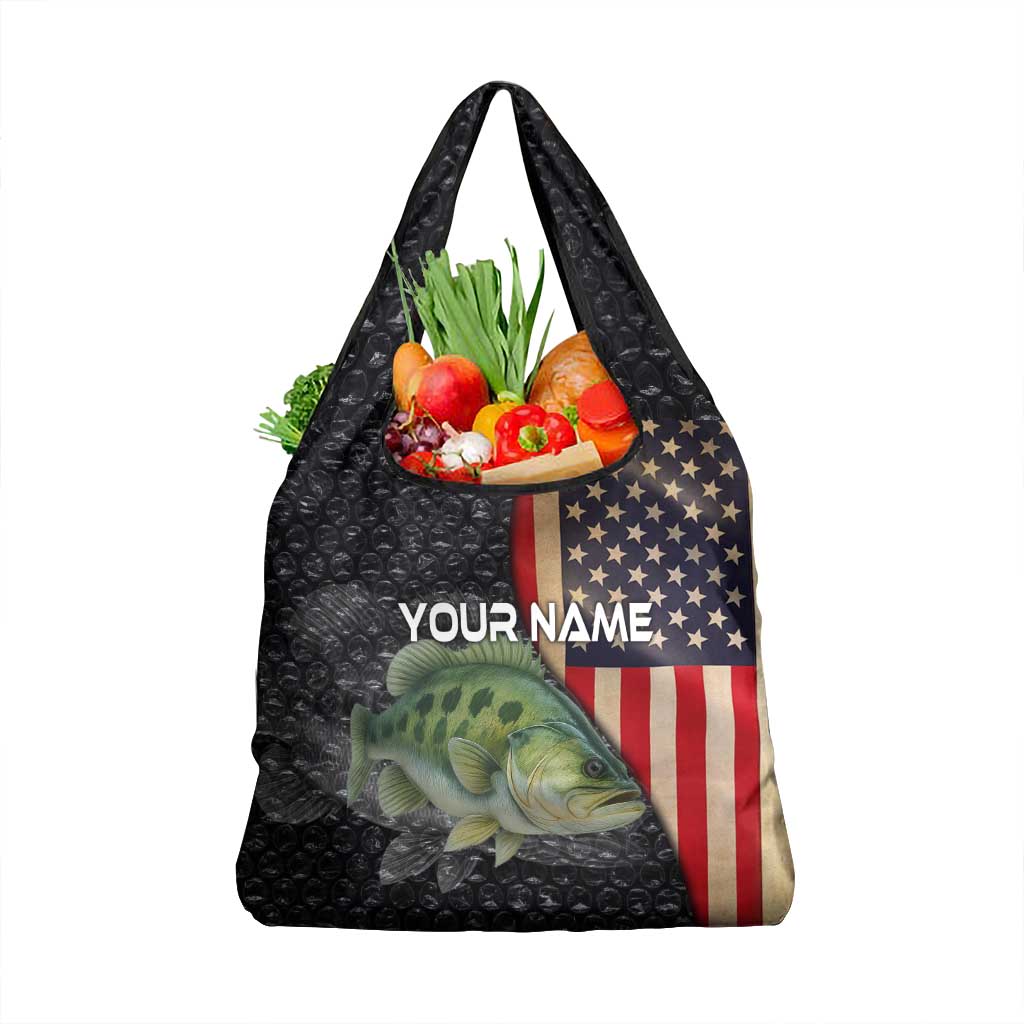 Custom Largemouth Bass Fishing Grocery Bag American Flag and Bubble Texture Background - Wonder Print Shop