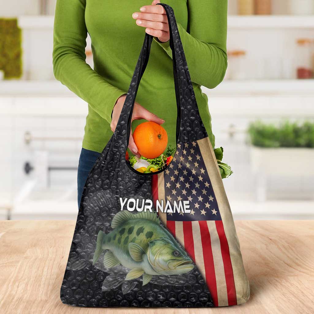 Custom Largemouth Bass Fishing Grocery Bag American Flag and Bubble Texture Background - Wonder Print Shop