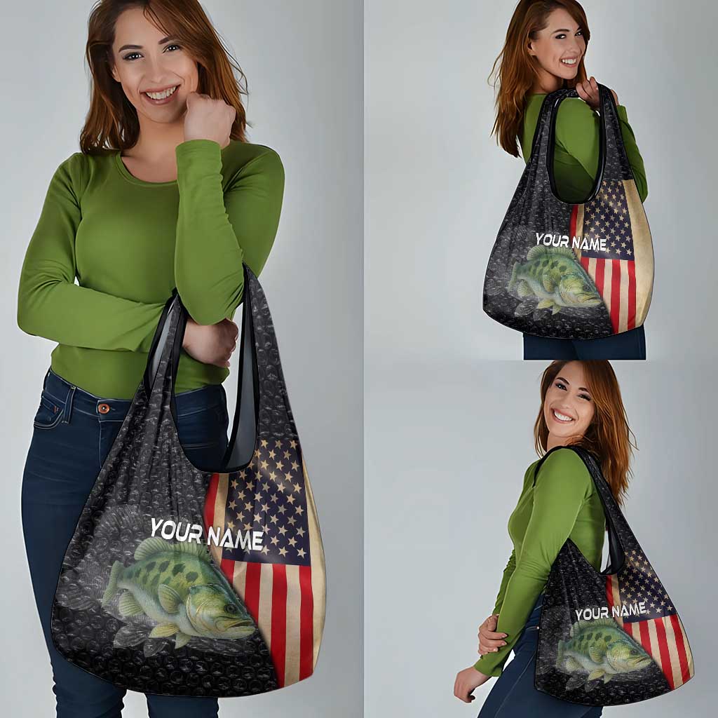 Custom Largemouth Bass Fishing Grocery Bag American Flag and Bubble Texture Background - Wonder Print Shop