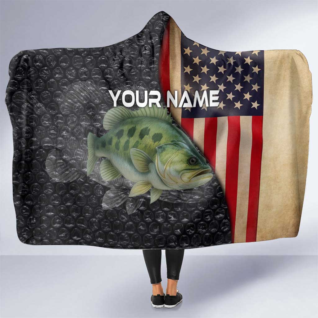 Custom Largemouth Bass Fishing Hooded Blanket American Flag and Bubble Texture Background - Wonder Print Shop