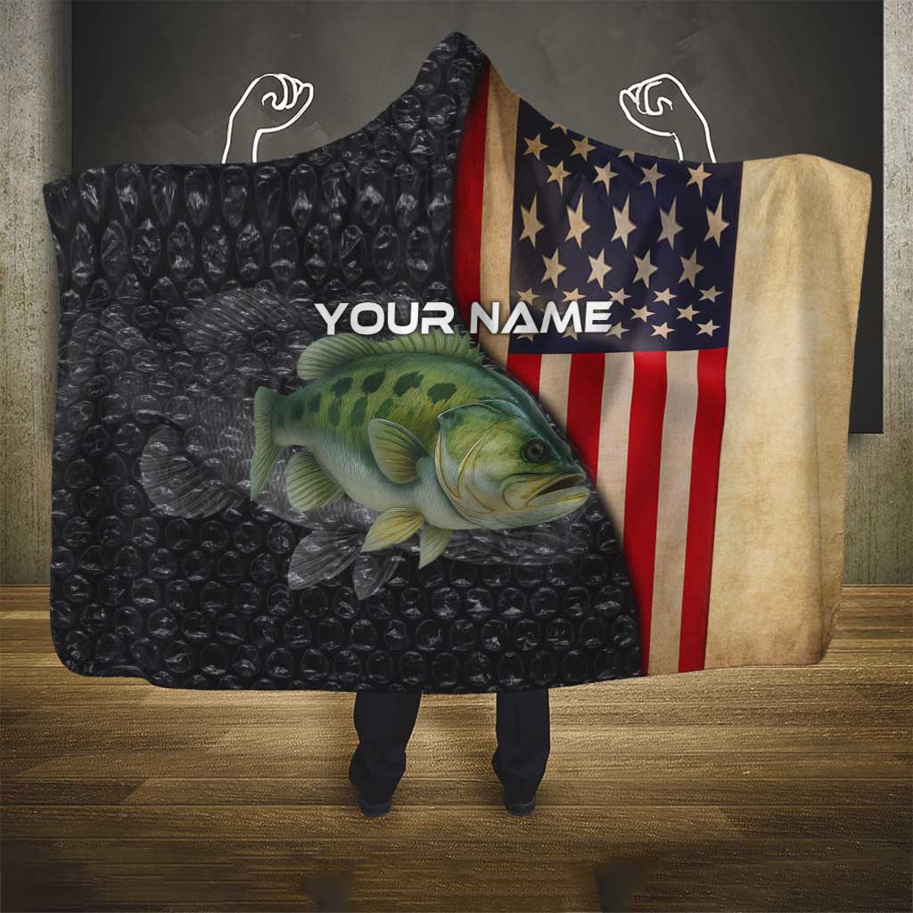 Custom Largemouth Bass Fishing Hooded Blanket American Flag and Bubble Texture Background - Wonder Print Shop