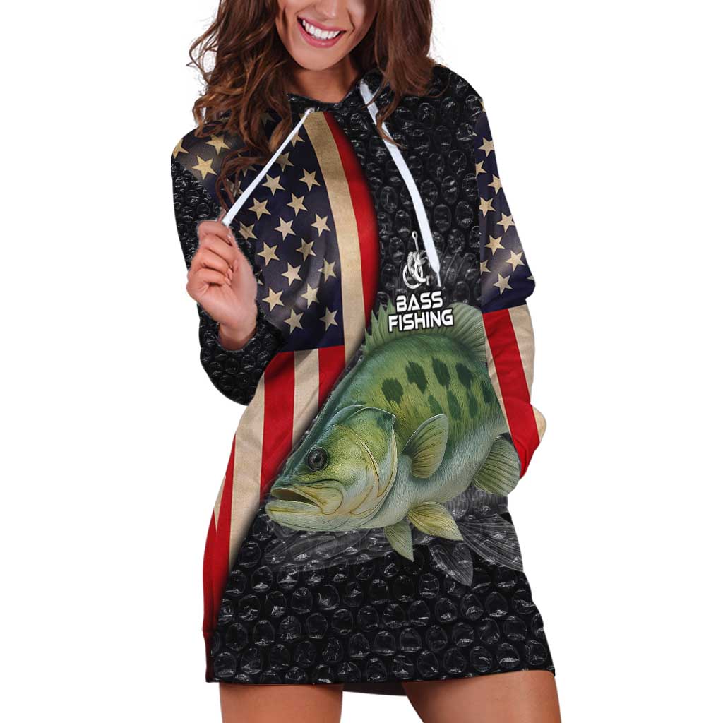 Custom Largemouth Bass Fishing Hoodie Dress American Flag and Bubble Texture Background - Wonder Print Shop