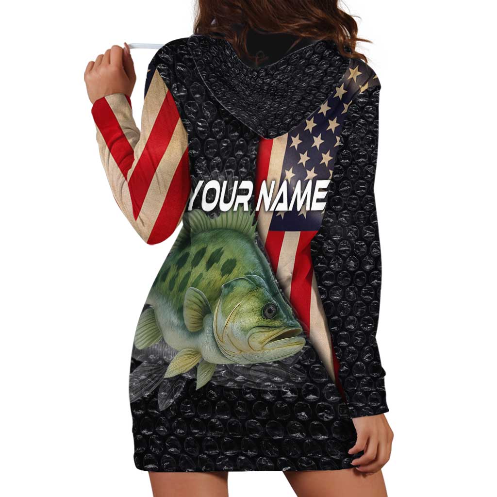 Custom Largemouth Bass Fishing Hoodie Dress American Flag and Bubble Texture Background - Wonder Print Shop