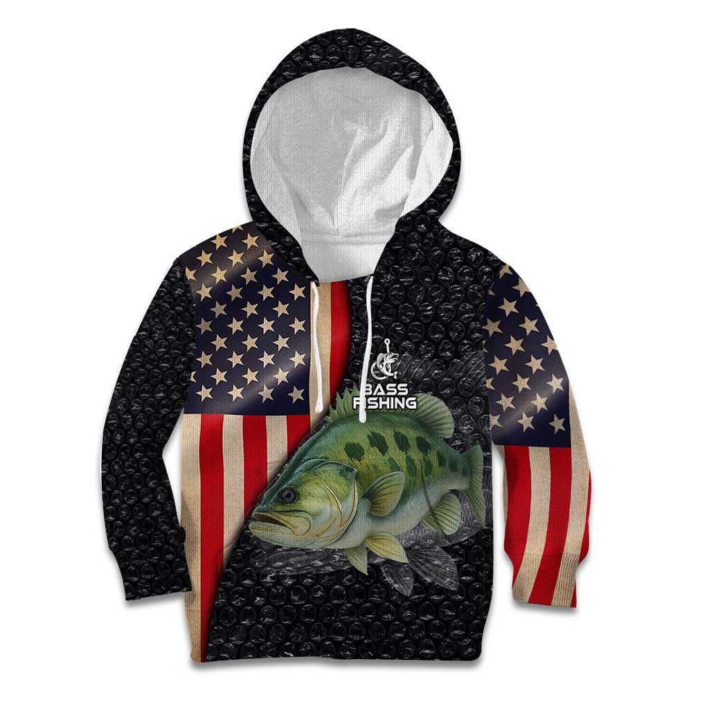 Custom Largemouth Bass Fishing Kid Hoodie American Flag and Bubble Texture Background - Wonder Print Shop