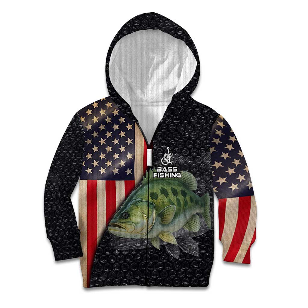Custom Largemouth Bass Fishing Kid Hoodie American Flag and Bubble Texture Background - Wonder Print Shop