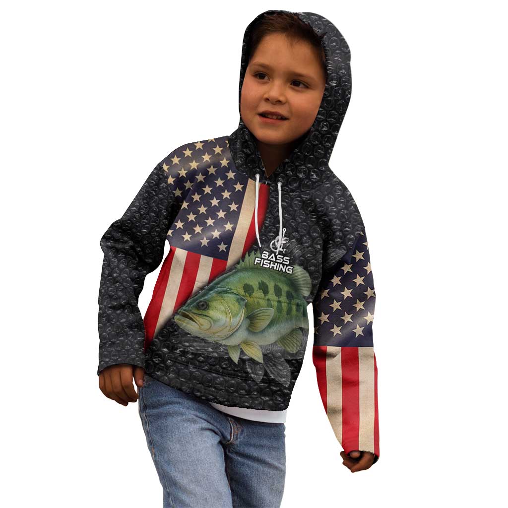 Custom Largemouth Bass Fishing Kid Hoodie American Flag and Bubble Texture Background - Wonder Print Shop