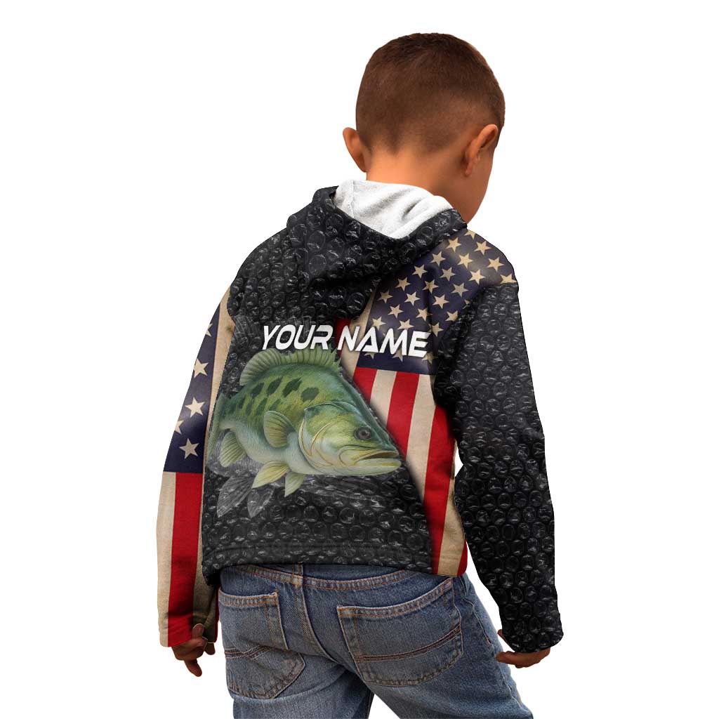 Custom Largemouth Bass Fishing Kid Hoodie American Flag and Bubble Texture Background - Wonder Print Shop