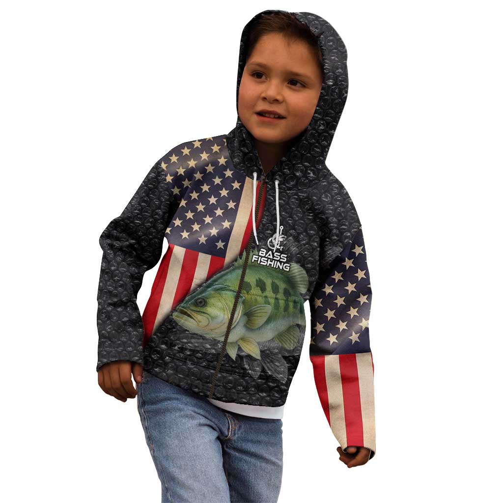 Custom Largemouth Bass Fishing Kid Hoodie American Flag and Bubble Texture Background - Wonder Print Shop