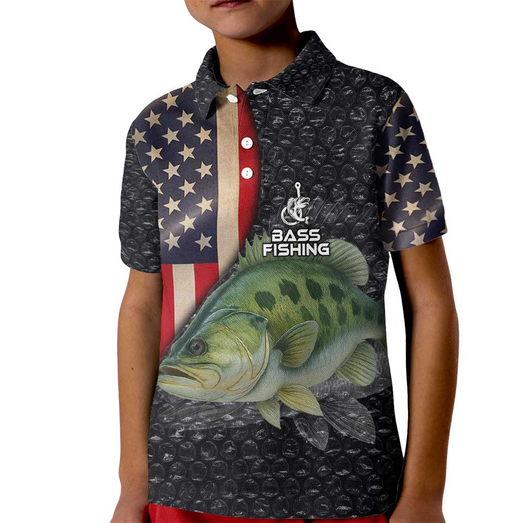 Custom Largemouth Bass Fishing Kid Polo Shirt American Flag and Bubble Texture Background - Wonder Print Shop