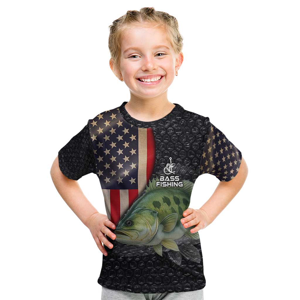 Custom Largemouth Bass Fishing Kid T Shirt American Flag and Bubble Texture Background - Wonder Print Shop