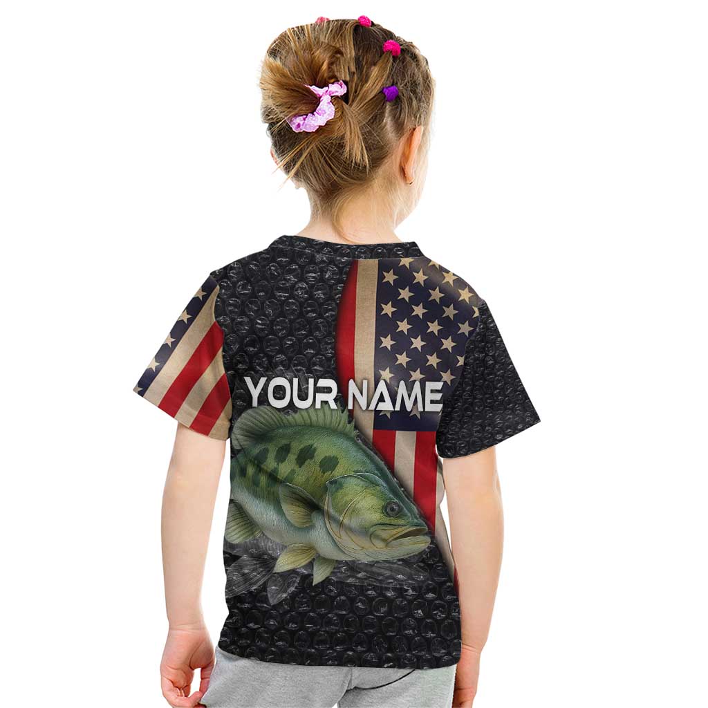 Custom Largemouth Bass Fishing Kid T Shirt American Flag and Bubble Texture Background - Wonder Print Shop