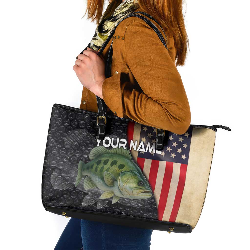 Custom Largemouth Bass Fishing Leather Tote Bag American Flag and Bubble Texture Background - Wonder Print Shop