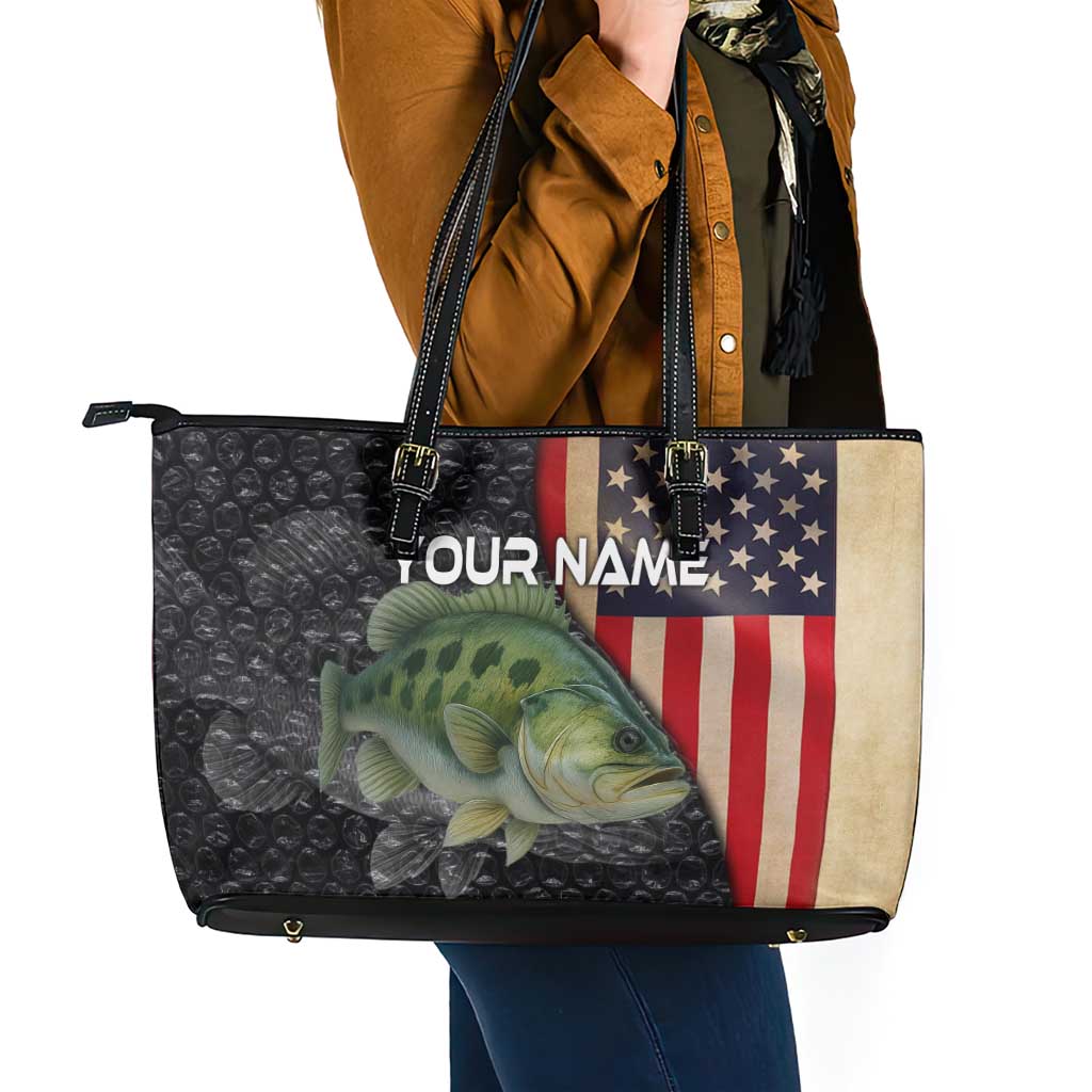 Custom Largemouth Bass Fishing Leather Tote Bag American Flag and Bubble Texture Background - Wonder Print Shop