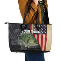 Custom Largemouth Bass Fishing Leather Tote Bag American Flag and Bubble Texture Background - Wonder Print Shop
